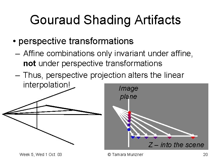 Gouraud Shading Artifacts • perspective transformations – Affine combinations only invariant under affine, not