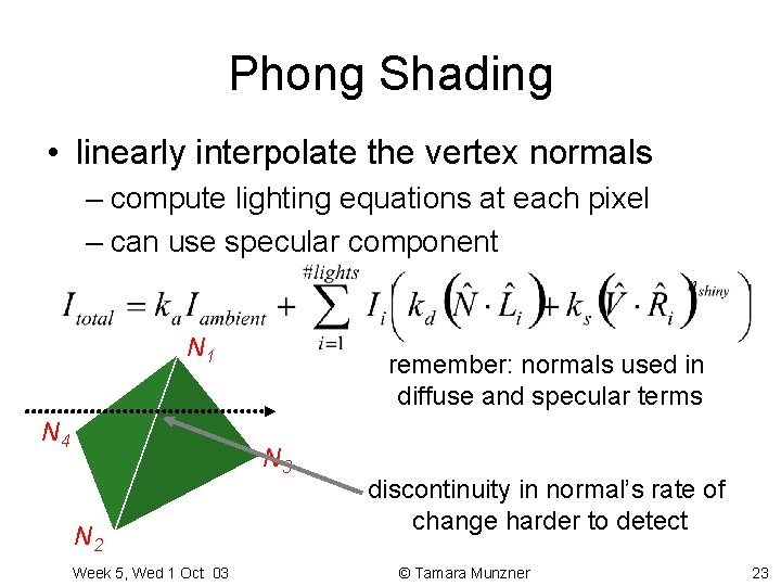 Phong Shading • linearly interpolate the vertex normals – compute lighting equations at each