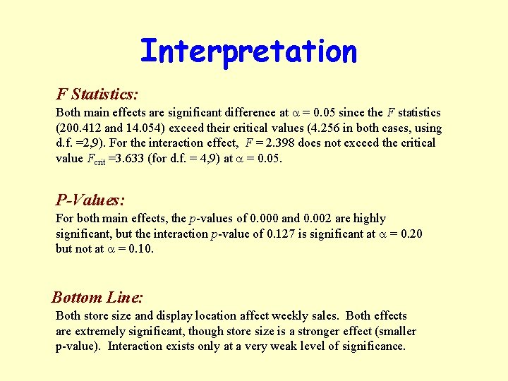 Interpretation F Statistics: Both main effects are significant difference at a = 0. 05