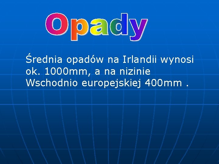 Średnia opadów na Irlandii wynosi ok. 1000 mm, a na nizinie Wschodnio europejskiej 400