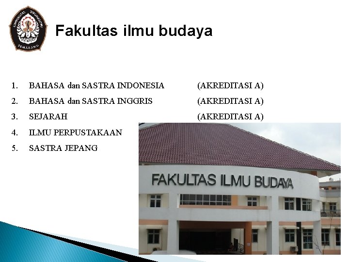 Fakultas ilmu budaya 1. BAHASA dan SASTRA INDONESIA (AKREDITASI A) 2. BAHASA dan SASTRA
