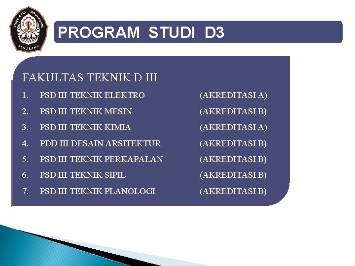 PROGRAM STUDI D 3 FAKULTAS TEKNIK D III 1. PSD III TEKNIK ELEKTRO (AKREDITASI