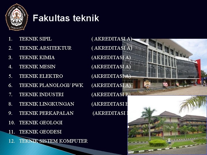 Fakultas teknik 1. TEKNIK SIPIL ( AKREDITASI A) 2. TEKNIK ARSITEKTUR ( AKREDITASI A)