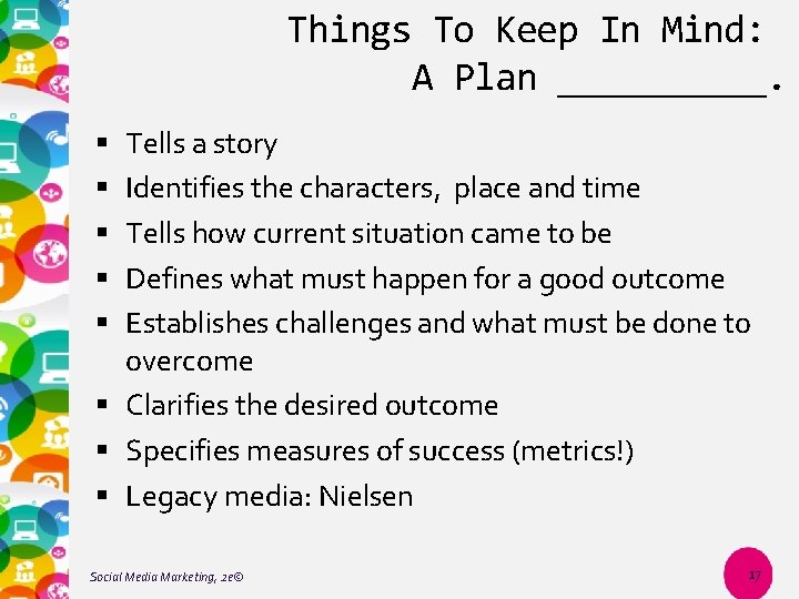 Things To Keep In Mind: A Plan _____. Tells a story Identifies the characters,