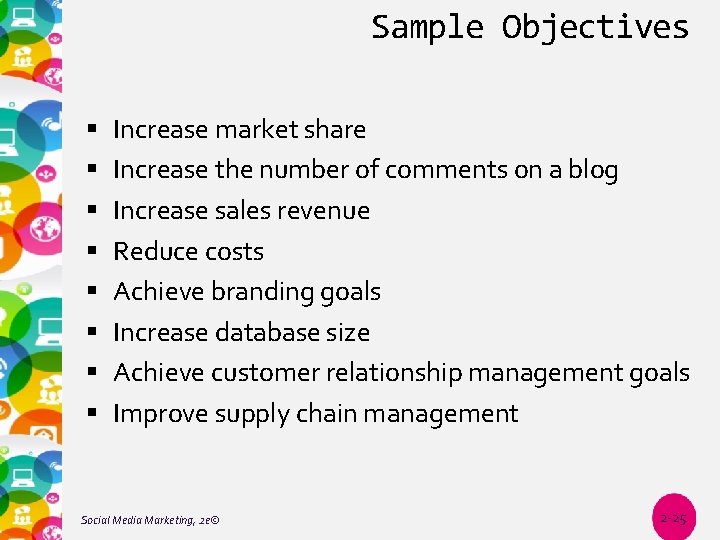 Sample Objectives Increase market share Increase the number of comments on a blog Increase