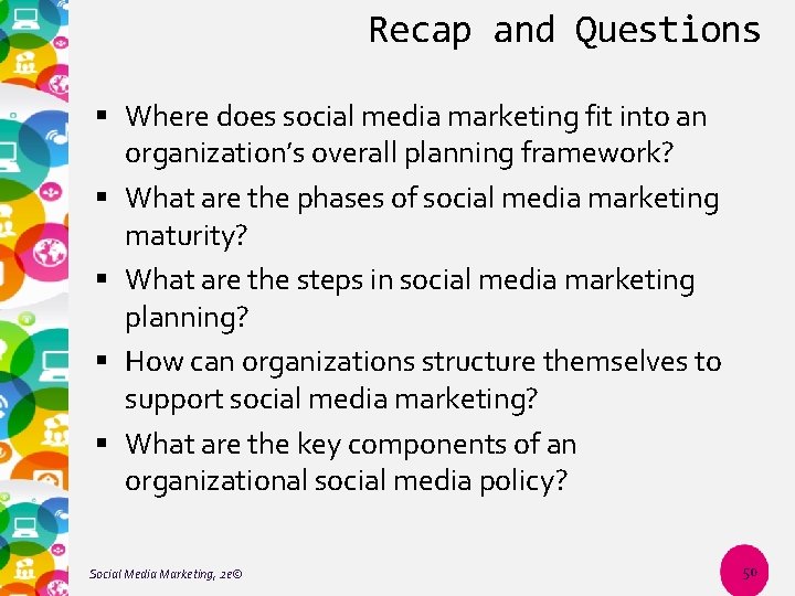 Recap and Questions Where does social media marketing fit into an organization’s overall planning