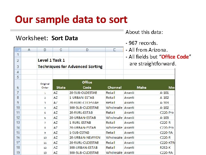 Our sample data to sort Worksheet: Sort Data About this data: - 967 records.