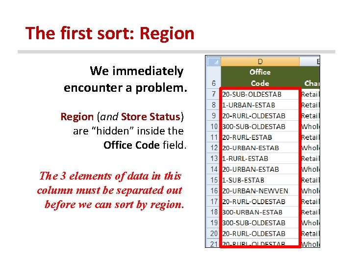 The first sort: Region We immediately encounter a problem. Region (and Store Status) are