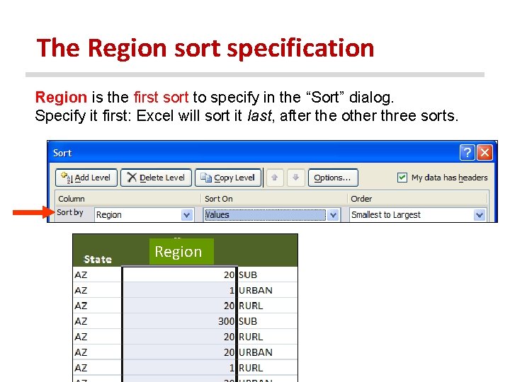 The Region sort specification Region is the first sort to specify in the “Sort”