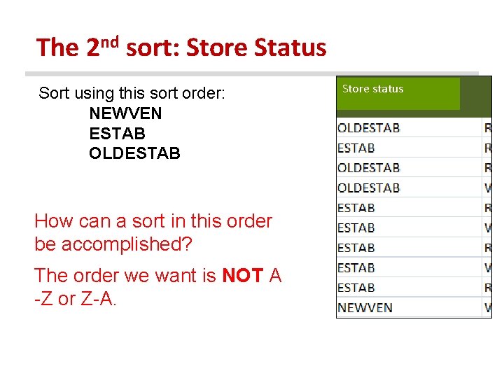 The 2 nd sort: Store Status Sort using this sort order: NEWVEN ESTAB OLDESTAB