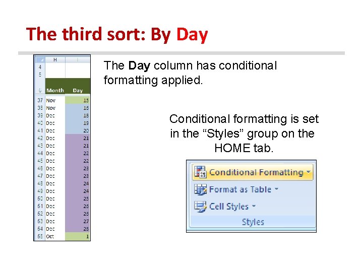 The third sort: By Day The Day column has conditional formatting applied. Conditional formatting