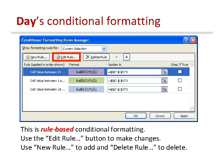 Day’s conditional formatting This is rule-based conditional formatting. Use the “Edit Rule…” button to