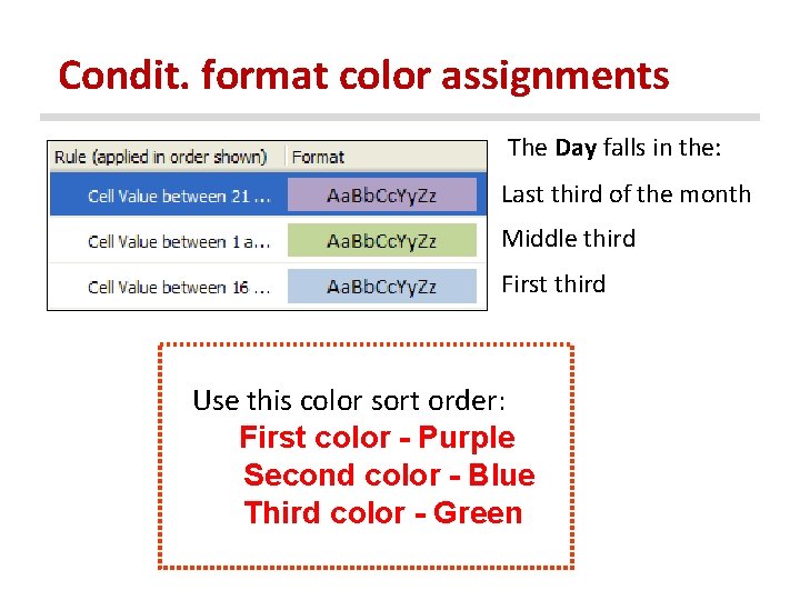 Condit. format color assignments The Day falls in the: Last third of the month