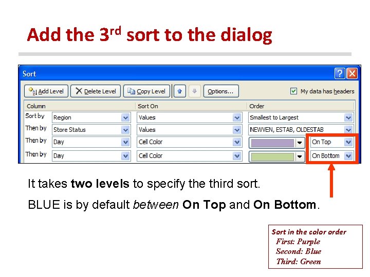 Add the 3 rd sort to the dialog It takes two levels to specify