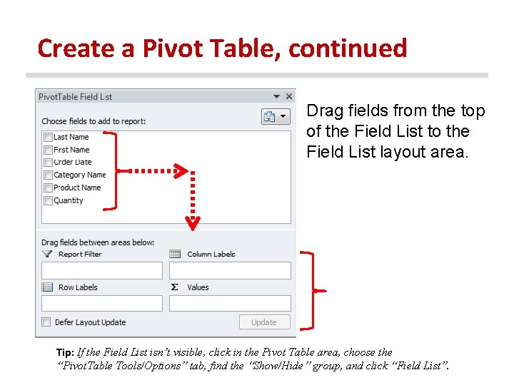 Create a Pivot Table, continued 4 Drag fields from the top of the Field