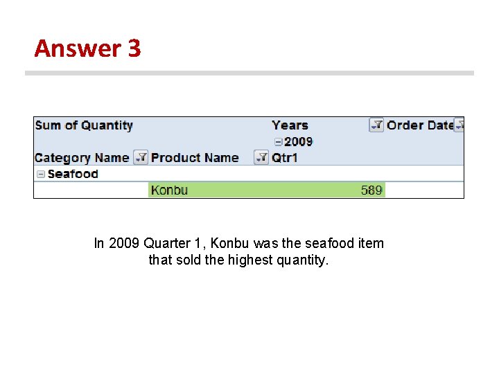 Answer 3 In 2009 Quarter 1, Konbu was the seafood item that sold the