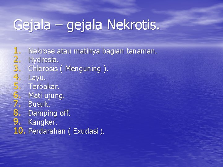 Gejala – gejala Nekrotis. 1. Nekrose atau matinya bagian tanaman. 2. Hydrosia. 3. Chlorosis