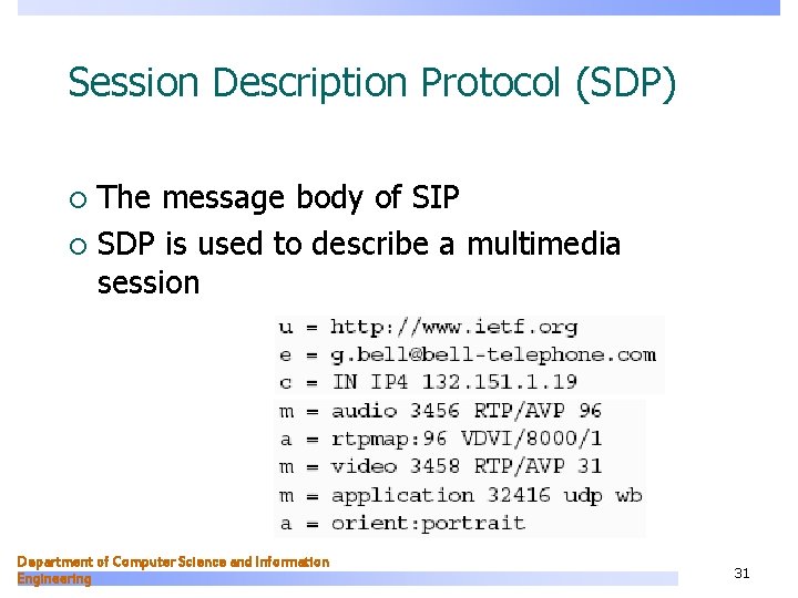 Session Description Protocol (SDP) The message body of SIP ¡ SDP is used to