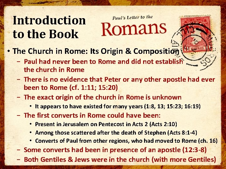 Introduction to the Book • The Church in Rome: Its Origin & Composition −
