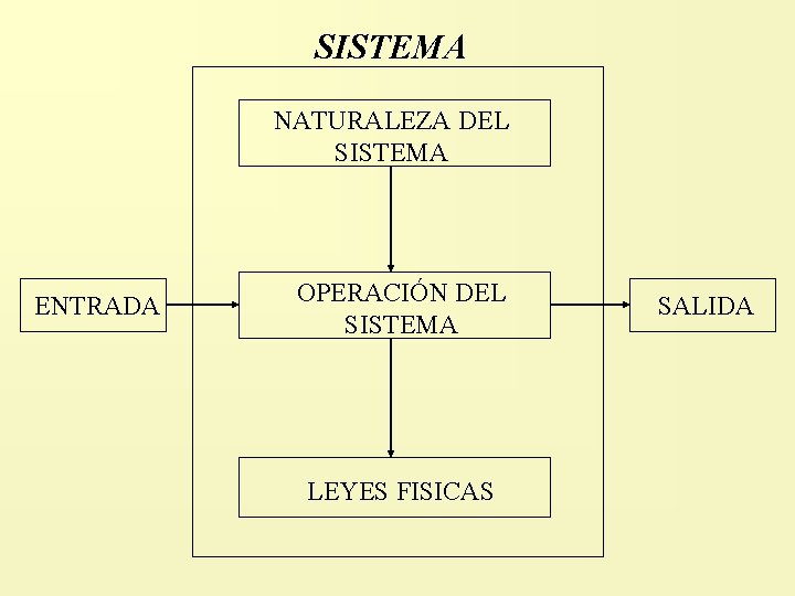 SISTEMA NATURALEZA DEL SISTEMA ENTRADA OPERACIÓN DEL SISTEMA LEYES FISICAS SALIDA 