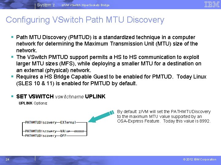 System z z/VM VSwitch Hiper. Sockets Bridge Configuring VSwitch Path MTU Discovery § Path