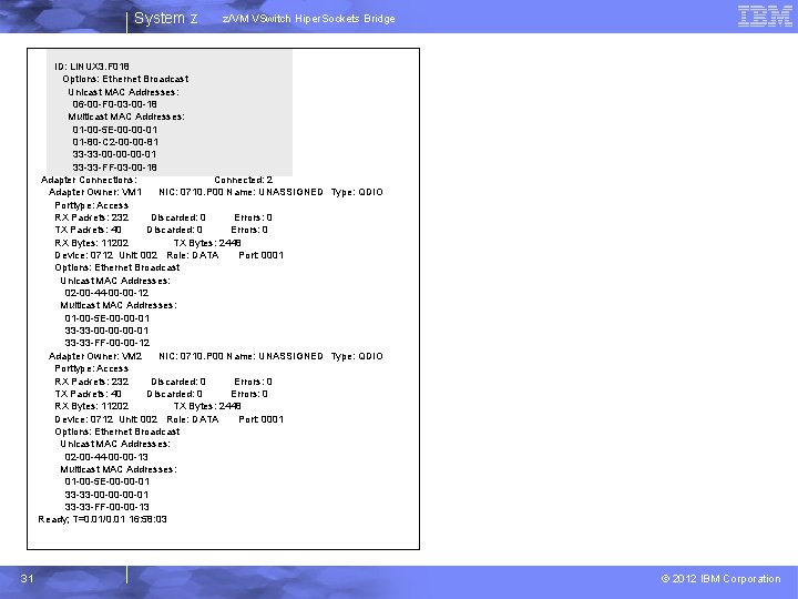 System z z/VM VSwitch Hiper. Sockets Bridge ID: LINUX 3. F 018 Options: Ethernet