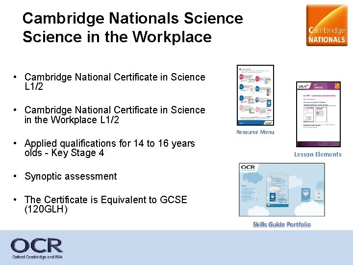Cambridge Nationals Science in the Workplace • Cambridge National Certificate in Science L 1/2