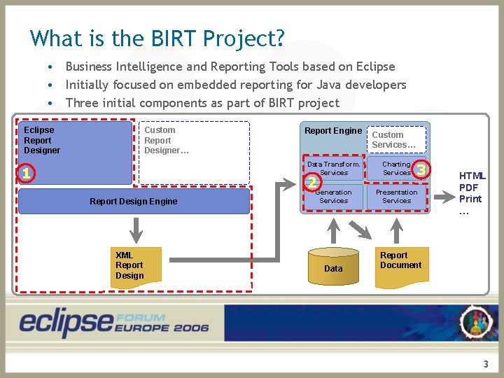 What is the BIRT Project? • Business Intelligence and Reporting Tools based on Eclipse