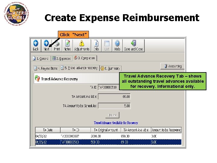 Create Expense Reimbursement Click “Next” Click For Accounting, then Summary. Travel Advance Recovery Tab