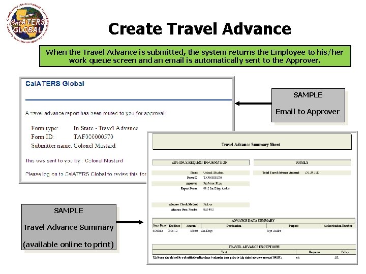 Create Travel Advance When the Travel Advance is submitted, the system returns the Employee