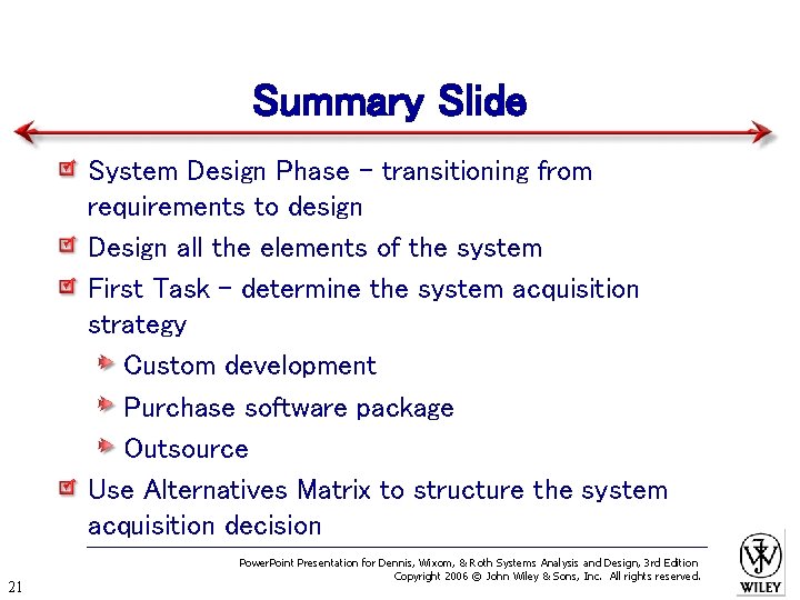 Summary Slide System Design Phase – transitioning from requirements to design Design all the