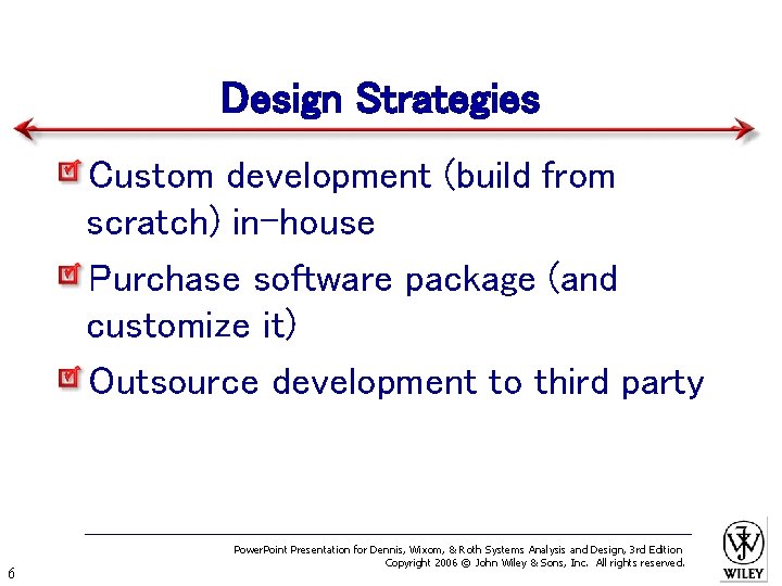 Design Strategies Custom development (build from scratch) in-house Purchase software package (and customize it)