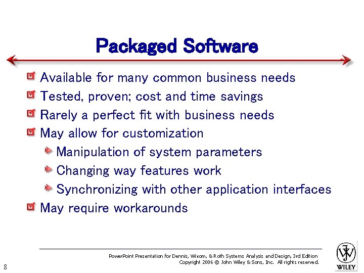 Packaged Software Available for many common business needs Tested, proven; cost and time savings