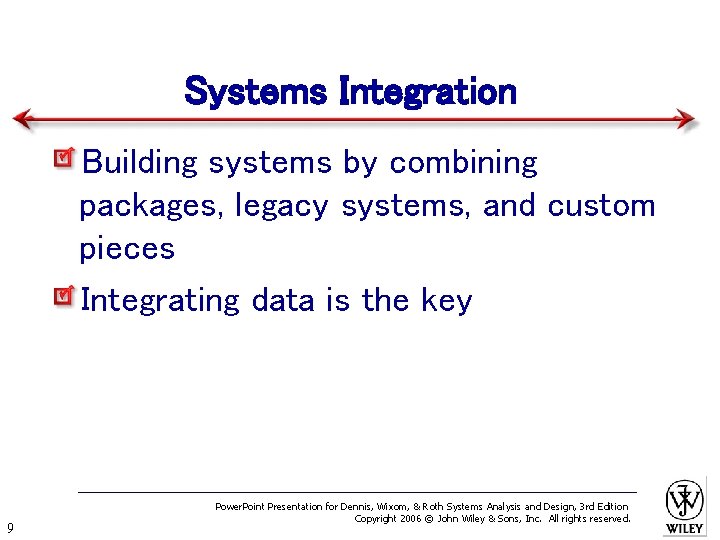 Systems Integration Building systems by combining packages, legacy systems, and custom pieces Integrating data