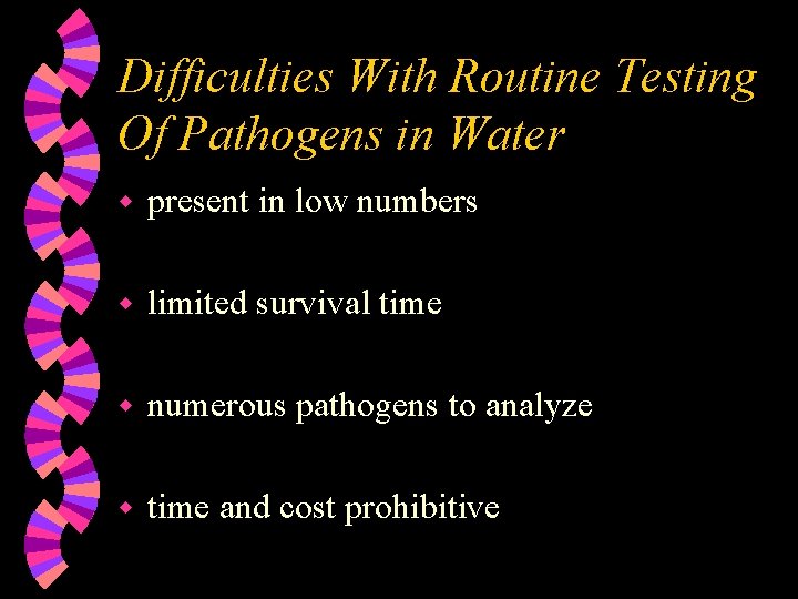 Difficulties With Routine Testing Of Pathogens in Water w present in low numbers w