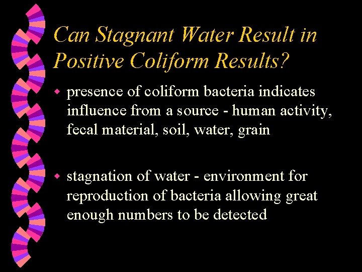 Can Stagnant Water Result in Positive Coliform Results? w presence of coliform bacteria indicates