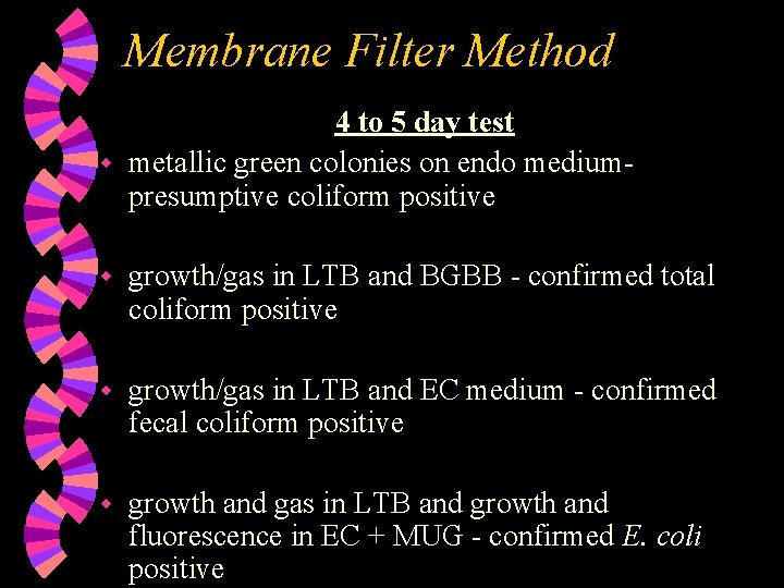 Membrane Filter Method 4 to 5 day test w metallic green colonies on endo