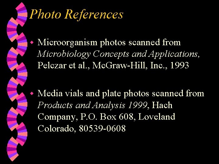 Photo References w Microorganism photos scanned from Microbiology Concepts and Applications, Pelczar et al.