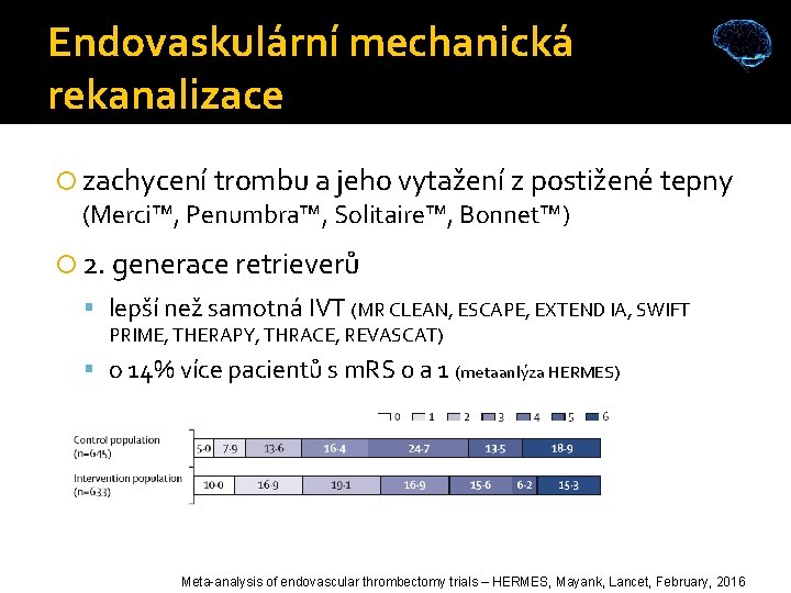 Endovaskulární mechanická rekanalizace zachycení trombu a jeho vytažení z postižené tepny (Merci™, Penumbra™, Solitaire™,