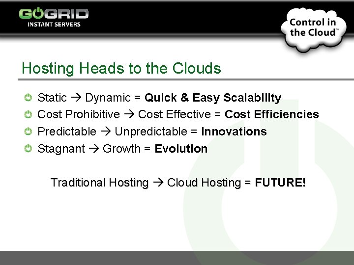 Hosting Heads to the Clouds Static Dynamic = Quick & Easy Scalability Cost Prohibitive