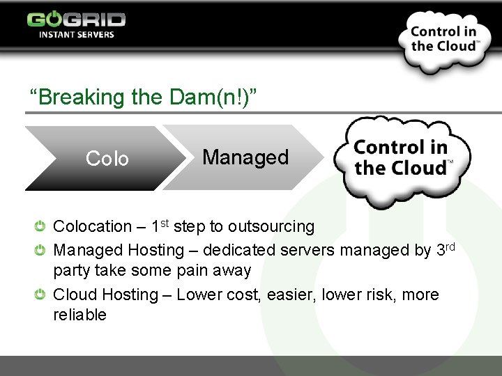 “Breaking the Dam(n!)” Colo Managed Colocation – 1 st step to outsourcing Managed Hosting