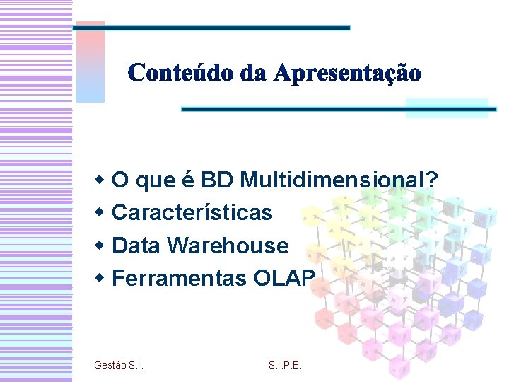 w O que é BD Multidimensional? w Características w Data Warehouse w Ferramentas OLAP
