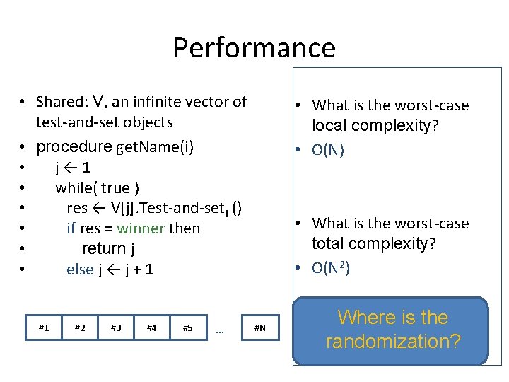 Performance • Shared: V, an infinite vector of test-and-set objects • procedure get. Name(i)