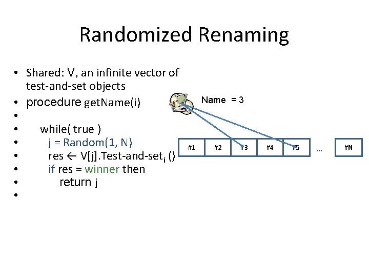 Randomized Renaming • Shared: V, an infinite vector of test-and-set objects • procedure get.