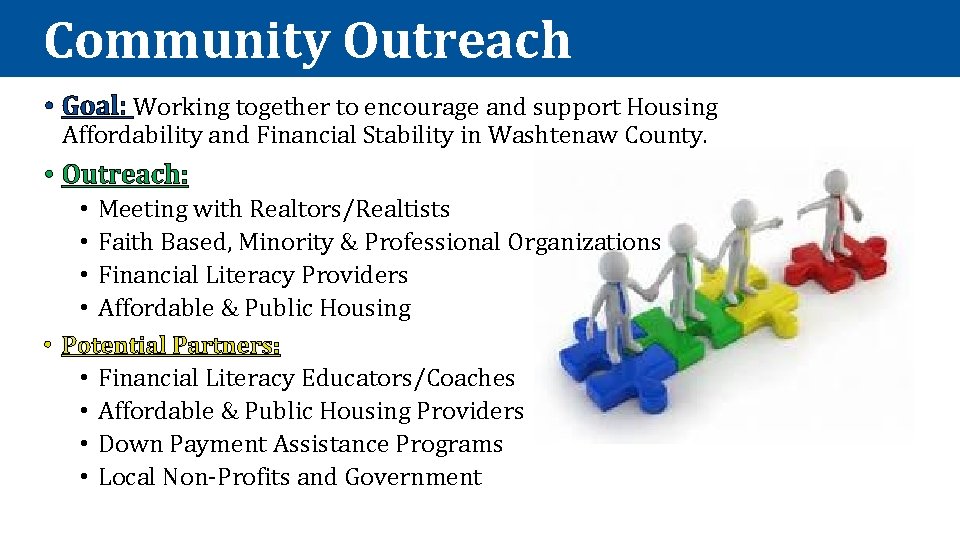 Community Outreach • Goal: Working together to encourage and support Housing Affordability and Financial