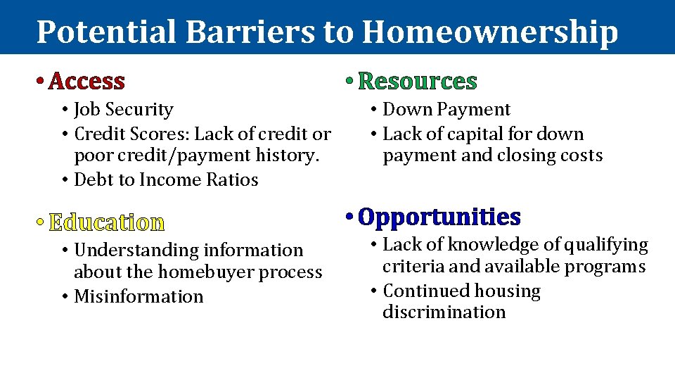 Potential Barriers to Homeownership • Access • Job Security • Credit Scores: Lack of