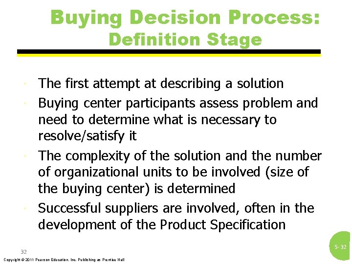 Buying Decision Process: Definition Stage The first attempt at describing a solution Buying center