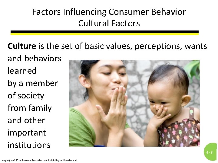 Factors Influencing Consumer Behavior Cultural Factors Culture is the set of basic values, perceptions,