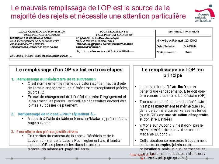 Le mauvais remplissage de l’OP est la source de la majorité des rejets et