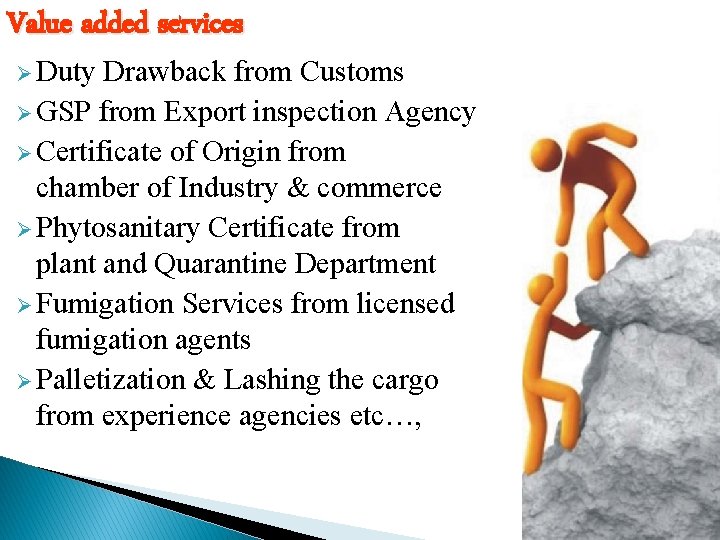 Value added services Ø Duty Drawback from Customs Ø GSP from Export inspection Agency